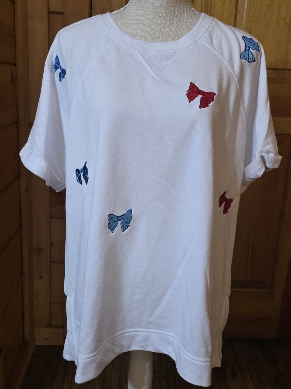 Women's White Embroidered Bow Short-Sleeve Terry Sweatshirt - XL